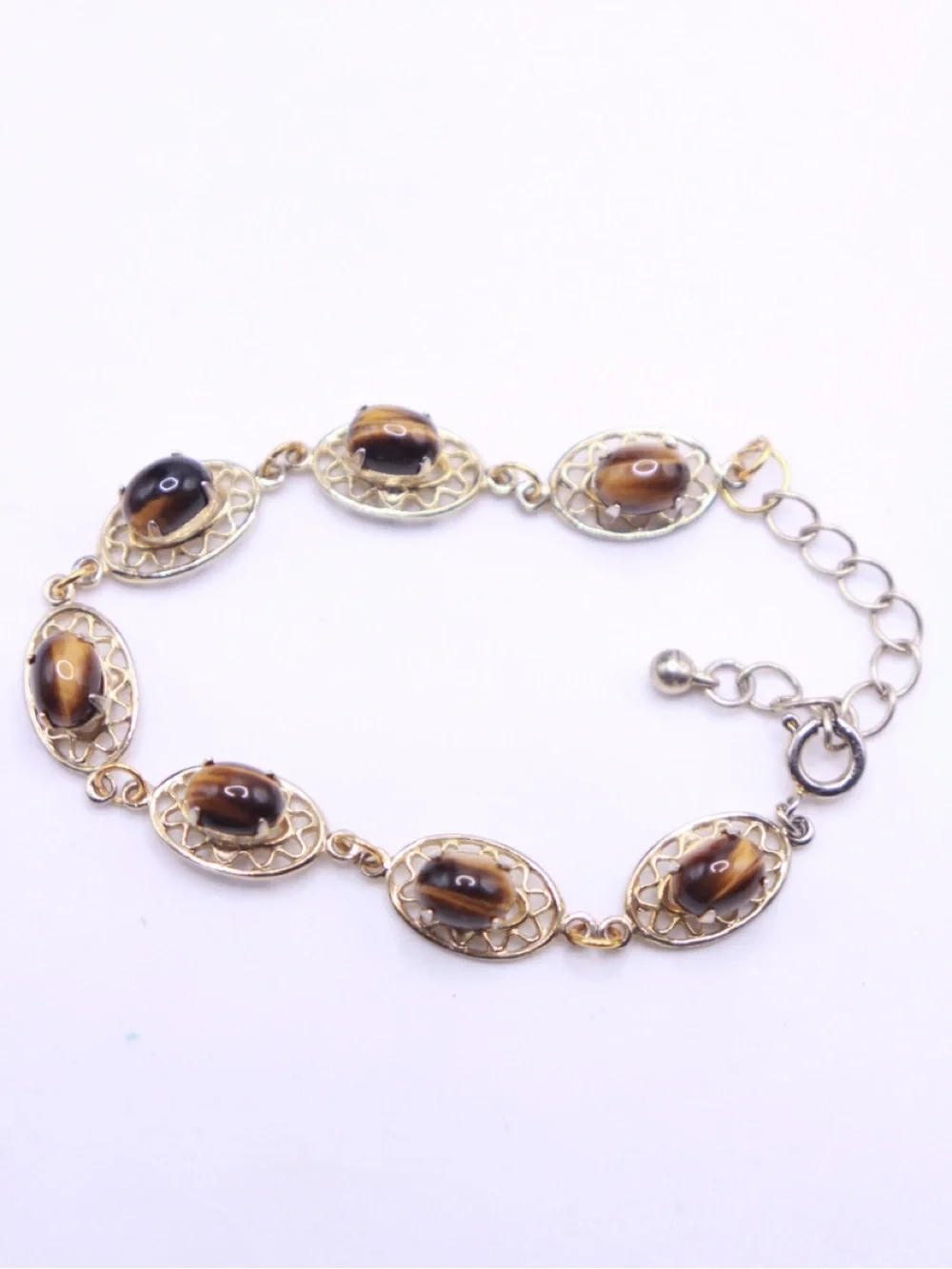 Vintage unsigned Gold-Tone Filigree Tiger Eye Oval Link Bracelet